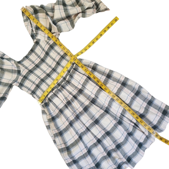 MADEWELL "Lucie" Cotton Elbow-Sleeve Smocked Mini Dress in Lebaum Plaid - Size S - Picture 12 of 14